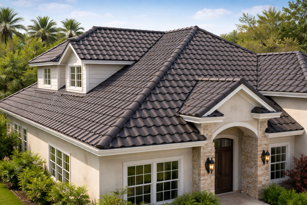 Home mediterranean home with dark gray roof